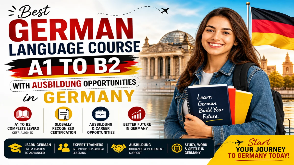 “German language course A1 to B2 with Ausbildung opportunities in Germany, featuring a student with books, German flag, and Berlin landmark background”